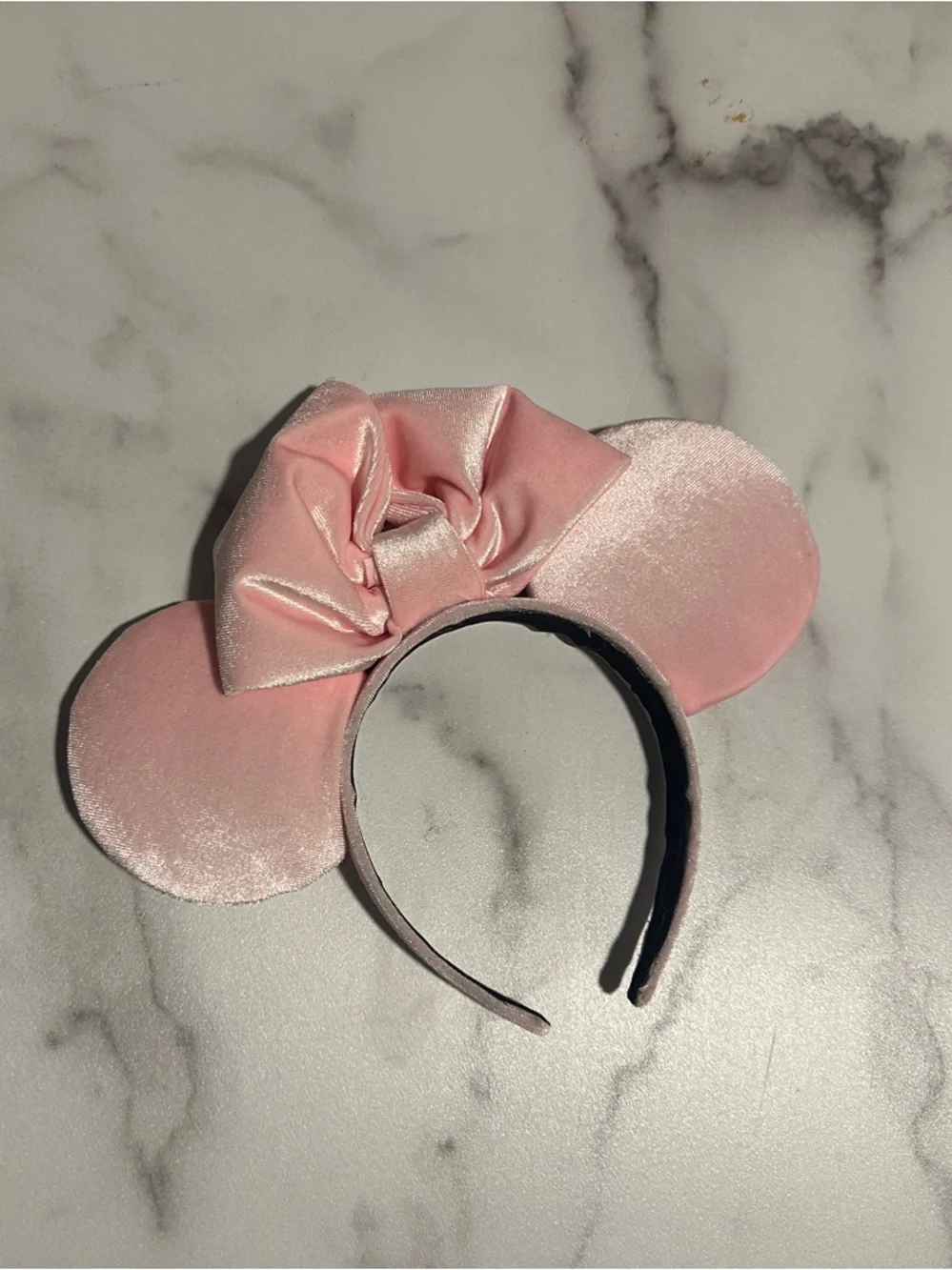 Blush Pink Satin Velvet Minnie-Style Ear Headband with Bow